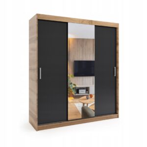 Szafa przesuwna trzydrzwiowa - MOLI Dąb Wotan + Czarny 250 x 205 cm, 16 mm