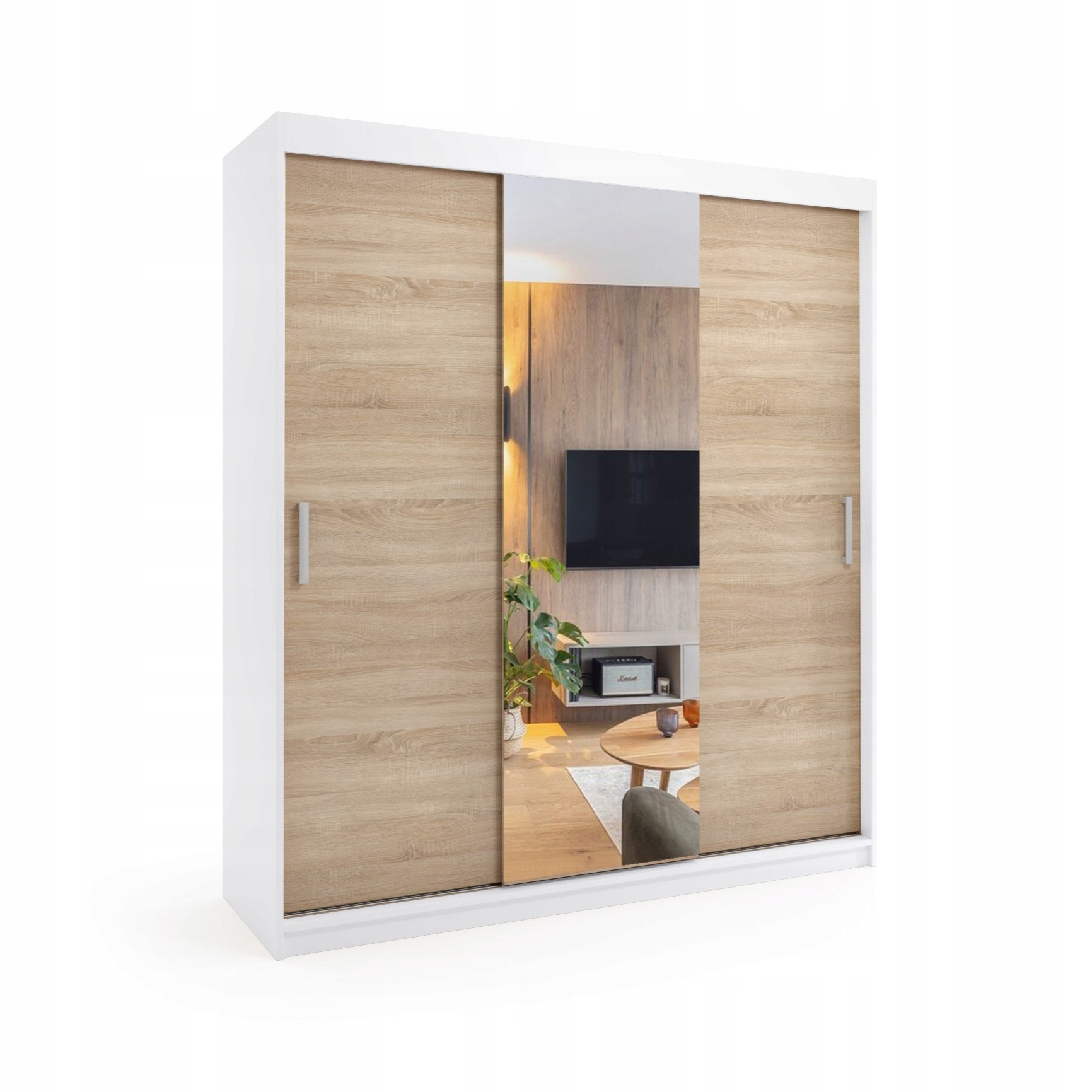 Szafa przesuwna trzydrzwiowa - MOLI Biały + Dąb Sonoma 210 x 205 cm, 16 mm