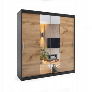 Szafa przesuwna dwudrzwiowa - PARIS PREMIUM Czarna/Wotan 180 x 205 cm, 16mm