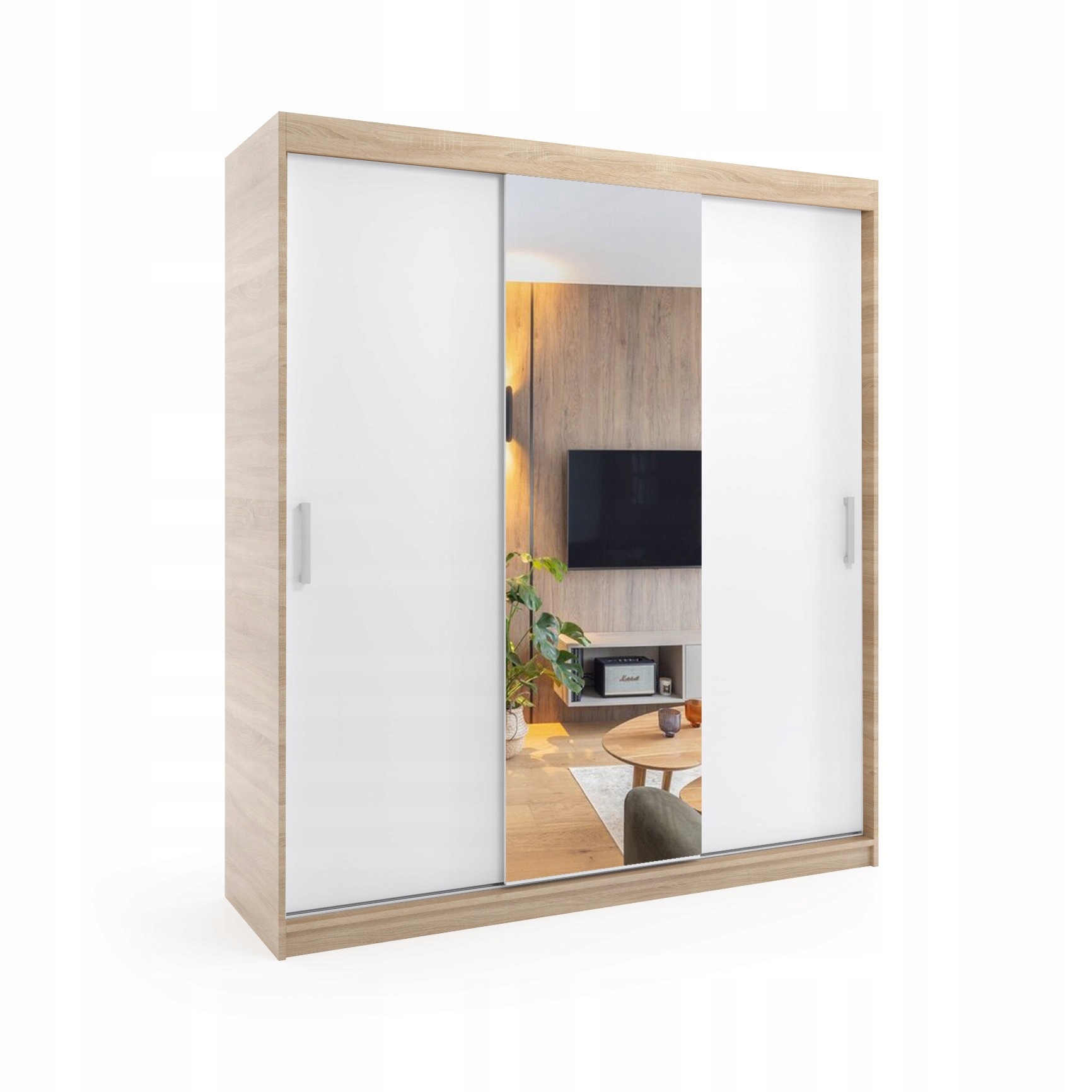 Szafa przesuwna trzydrzwiowa - MOLI Dąb Sonoma + Biały 220 x 205 cm, 16 mm