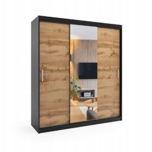 Szafa przesuwna trzydrzwiowa - MOLI Czarny + Dąb Wotan 200 x 205 cm, 16 mm
