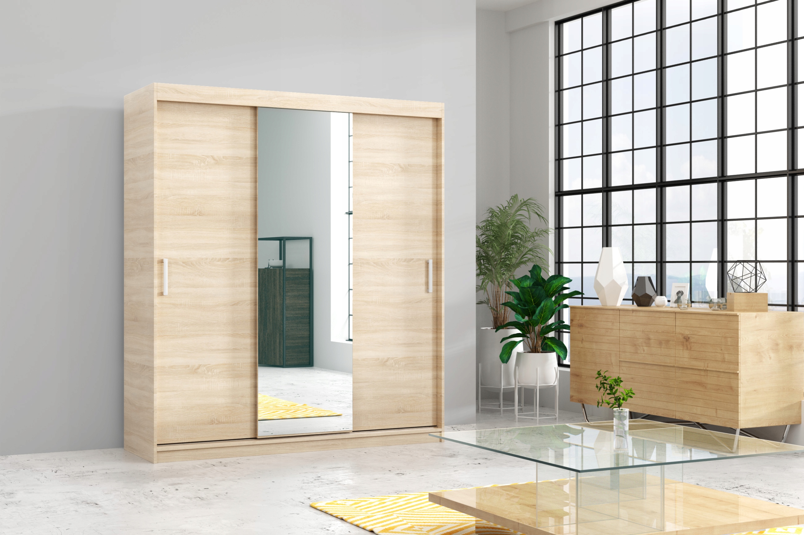 Szafa przesuwna trzydrzwiowa - MOLI Dąb Sonoma + Biały 220 x 205 cm, 16 mm - obrazek 8