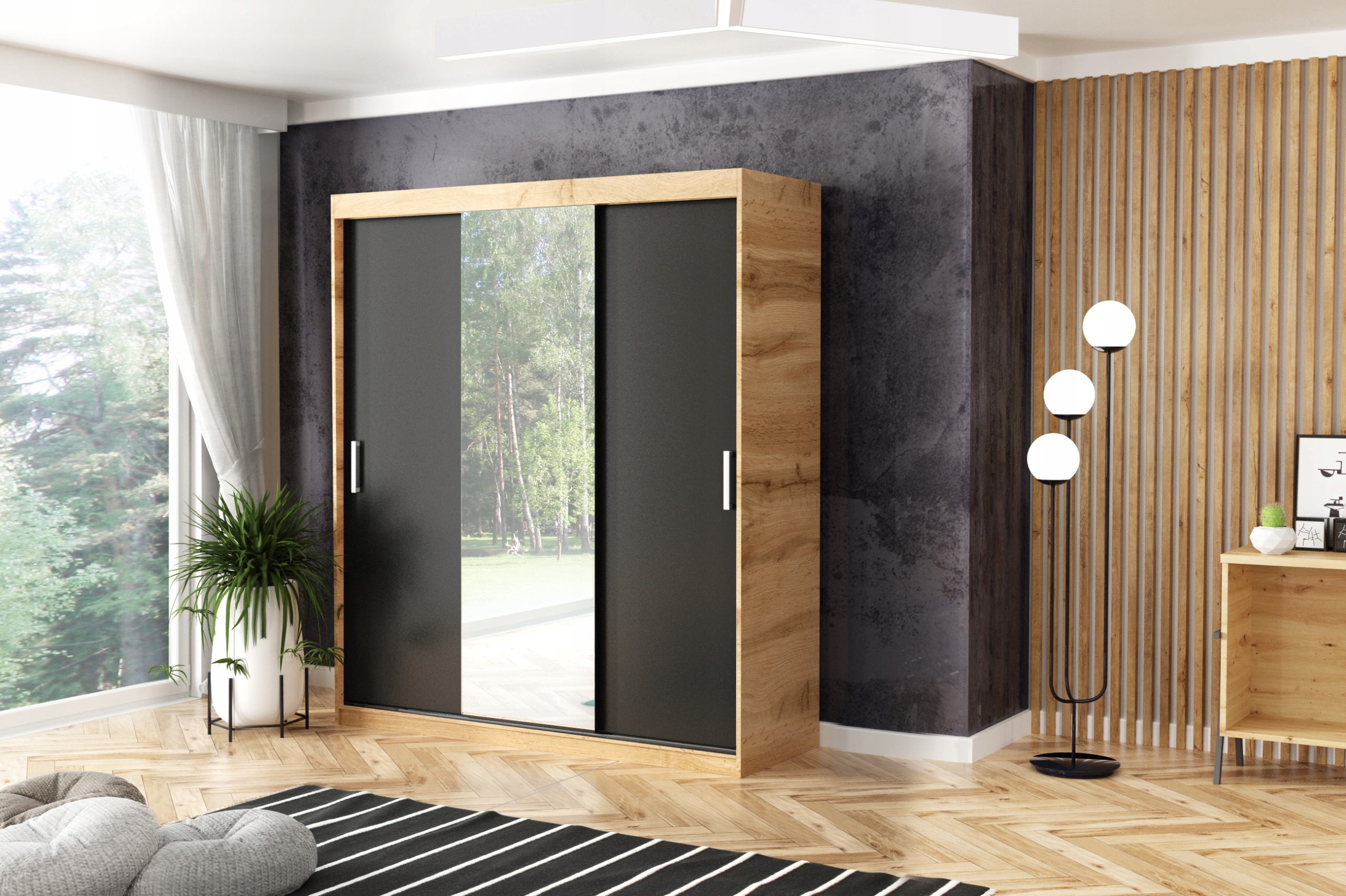 Szafa przesuwna trzydrzwiowa - MOLI Dąb Wotan + Czarny 250 x 205 cm, 16 mm - obrazek 5